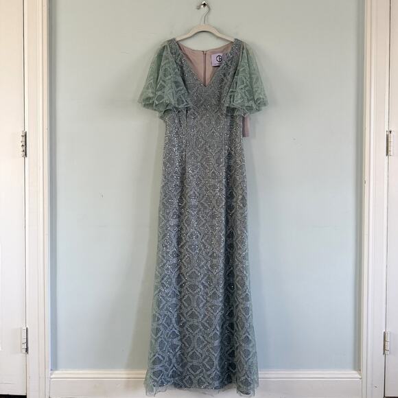 NWT JS Collections Sequin V-Neck Cape Gown Metallic Lace Light Blue Formal Dress - Picture 3 of 8